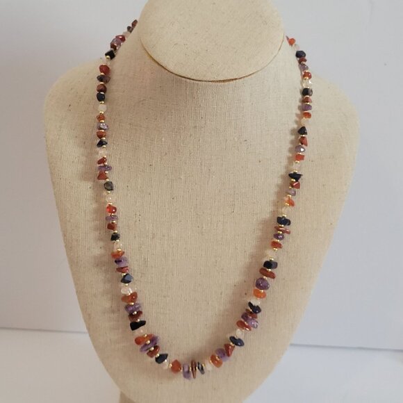 Vintage Multi-Gemstone Chip Necklace With Gold-Tone Spacer Beads & Lobster Clasp - Picture 1 of 4